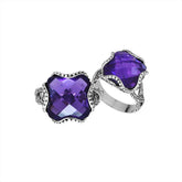 Sterling Silver fancy cross-shaped Amethyst Quartz faceted women’s ring with bead edge and floral accents